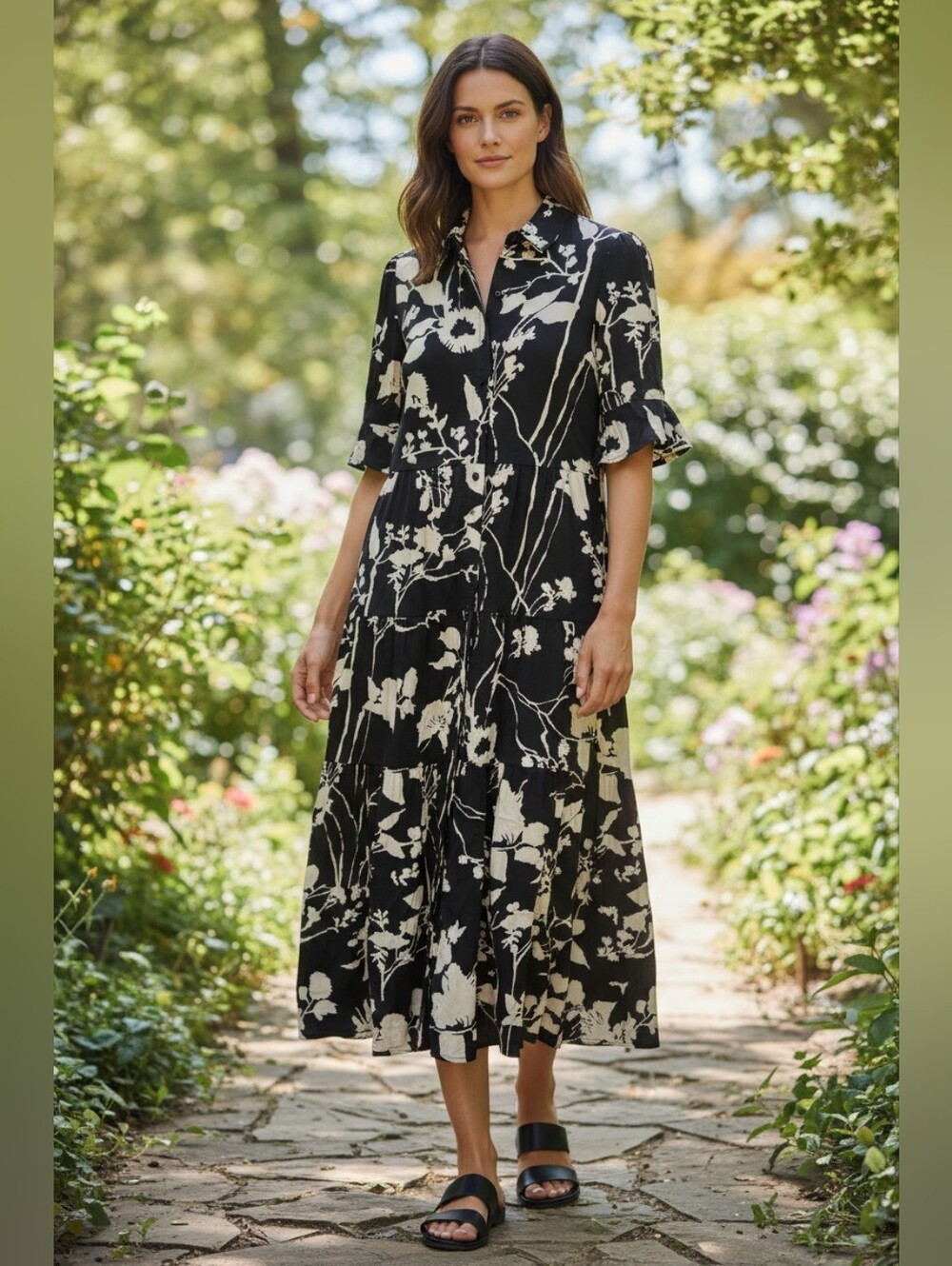 Chicos 0 Black and White Floral Tiered Midi Dress - Classic Shirt Dress Small 4